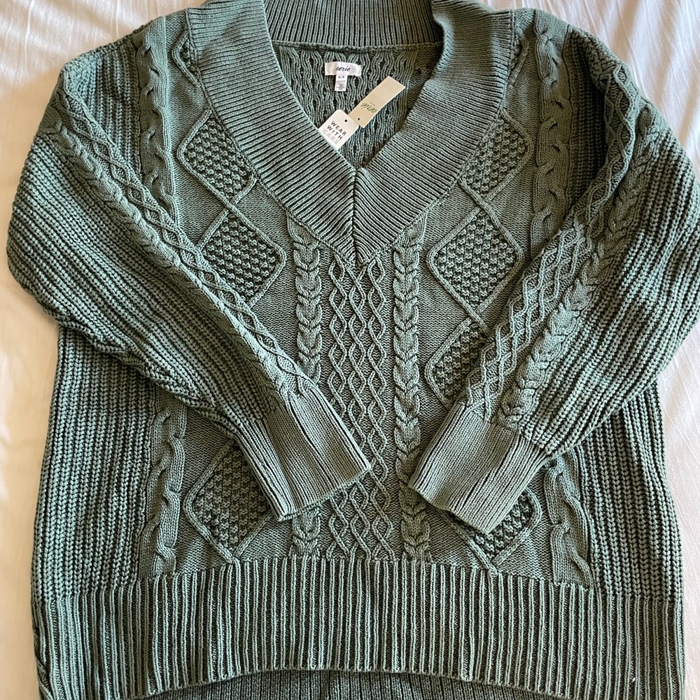 Aerie Olive V-Neck Cable Knit Sweater